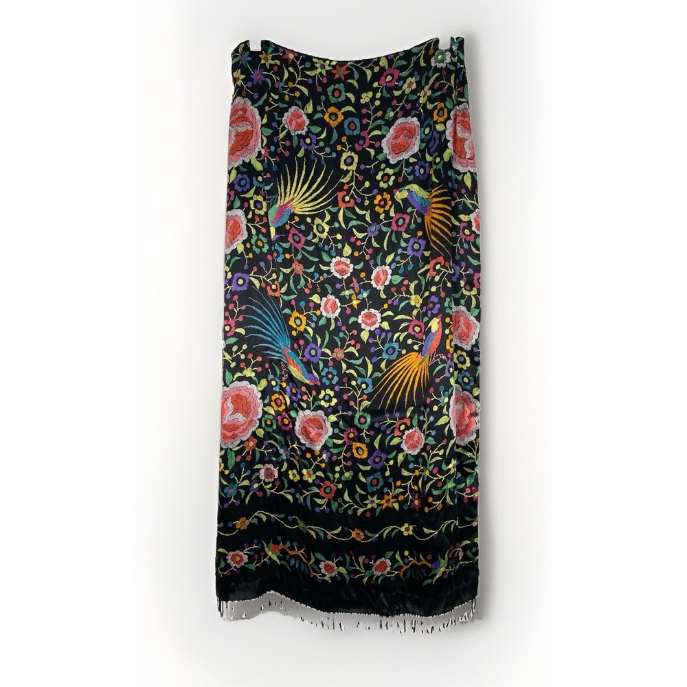 Clio Women's 12 Black Colorful Satin Floral Bird Beaded Fringe Maxi Skirt